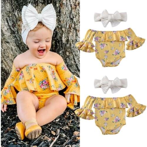 Newborn Baby Girl Floral Clothes Long Flared Sleeve Off Shoulder Bodysuit Outfit Slash Neck Ruffle Bodysuits with Headband