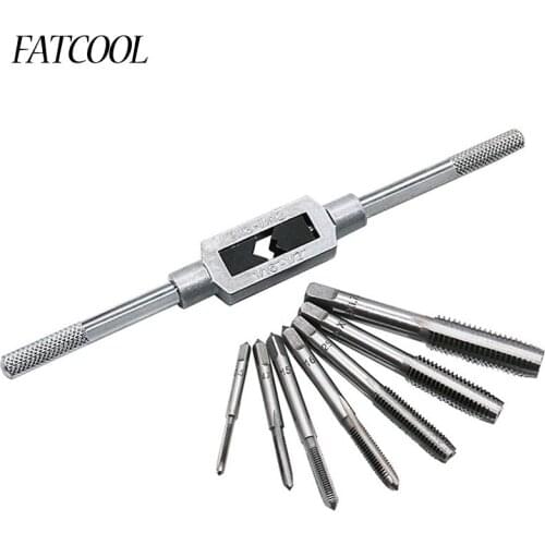 FATCOOL 8pcs HSS Hand Tap Tapping Screw Thread Metric Plugs Taps Set Straight Flute M3 -M12 With Adjustable Tap Wrench