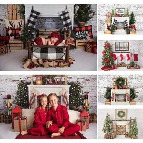 Christmas Backdrop Fireplace Christmas Tree Decoration Photography Background White Brick Wall Photocall Background Photo Studio