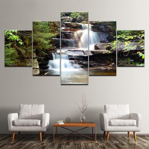 Canvas Painting waterfall in forest landscape 5 Pieces Wall Art Painting Modular Wallpapers Poster Print living room Home Decor