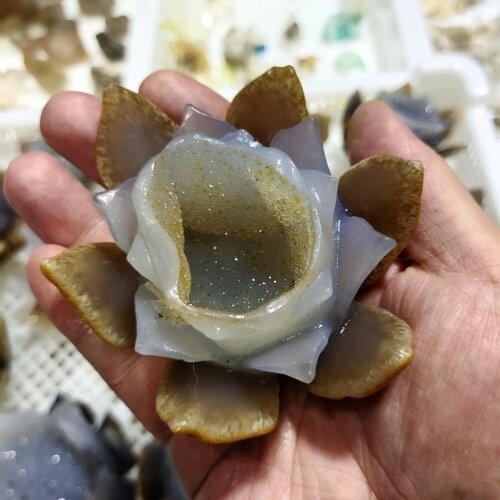 1pcs 300-500g Beautiful Natural Agate Geode Lotus Figurine Drusy Cluster Crystal Flower Jade Quartz Mineral Specimen