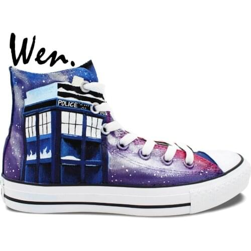 Wen Hand Painted Shoes Design Custom Sneakers Dalek Weeping Angel Large Tardis Doctor Who Men Womens High Top Canvas Sneakers