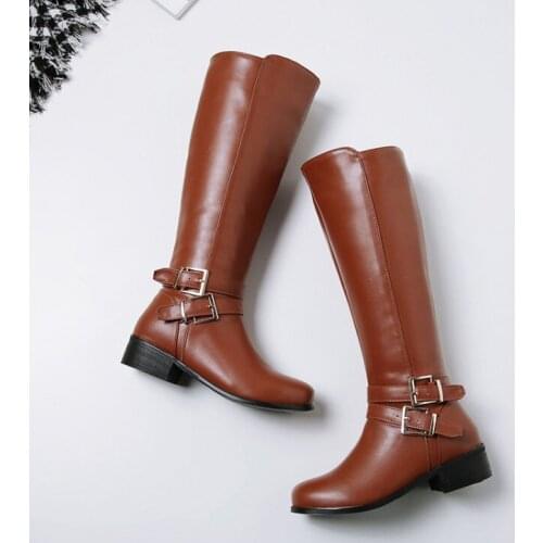 Thick Fur Warm Winter Snow Boots Large Size 34-46 Women Knee High Boots Buckle with Zip Retro Womens Motorcycle Boots MAZIAO