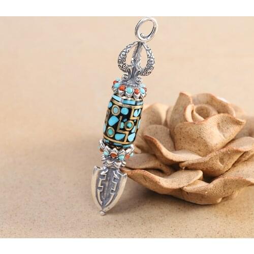 BOCAI 2021 Trend New Real s925 Silver Jewelry old Turquoise Vajra Man Pendant Personalized Buddhist and Taoist Jewelry