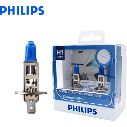 Philips H1 12V 55W Diamond Vision 5000K Xenon White Car Halogen Original Headlight Auto Bulbs OEM Bright Lamps 12258DVS2, Pair