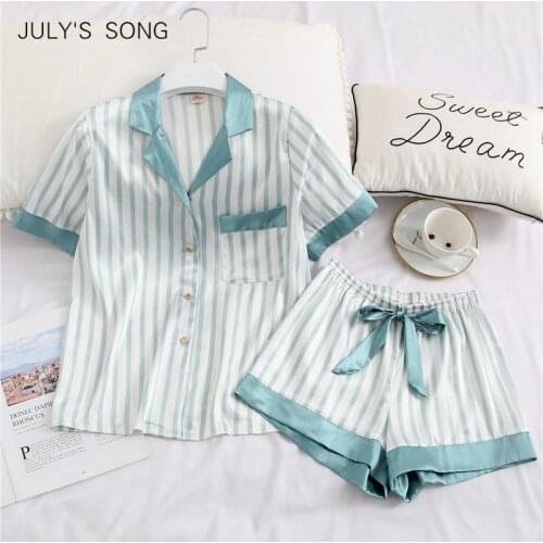 JULYS SONG Women Pajamas Set 2 Pieces Stripe Faux Silk Pajamy Suit Cute Simple Casual Sleepwear Short Sleeves Shorts For Female