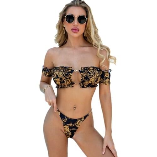 QINJOYER Off Shoulder Swimsuit Women Vintage Print Bikini Bathing Suit Women Sexy Chain Swimsuit Thong Bikini Swimwear Brazilian