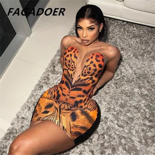Fagadoer Leopard Deep V Sexy Dress Women Mesh Patchwork Mini Sheath Dresses Printed Sleeveless Party Bodycon Outfits Vestidos