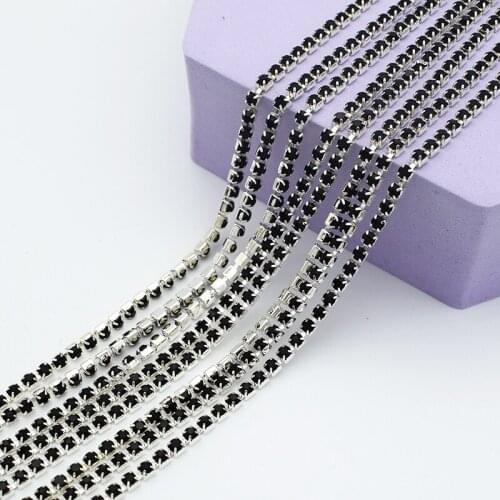 Sewing Crystal Silver Base Black Color Glass Rhinestones Chain for DIY Decoration 5 Yards/Lot