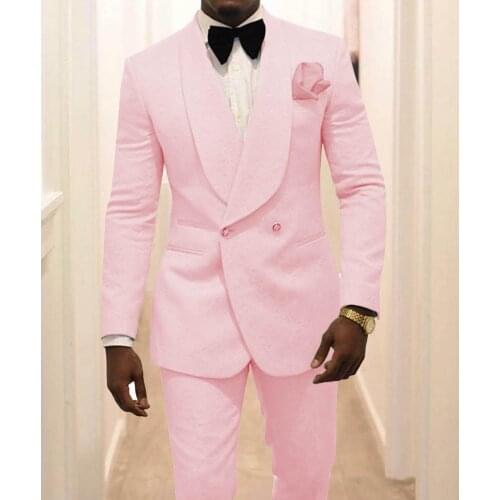 Custom Made Groomsmen Pink Pattern Groom Tuxedos Shawl Lapel Men Suits 2 Pieces Wedding Best Man ( Jacket+Pants+Tie ) C923