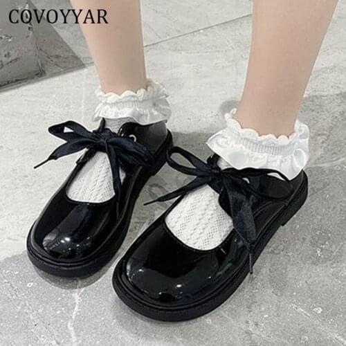 COVOYYAR Shoes Women Lolita Cross-tied Ladies Mary Janes Lace Up PU Leather Shoes Round-toe JK Solid Flats Casual Shoes WFS4043
