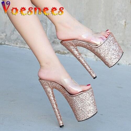Bling Sequins Fashion Shoes Transparent Thin Heels Slippers Super High Heels Sexy Platform Sandals Nightclub Catwalk Women Shoes
