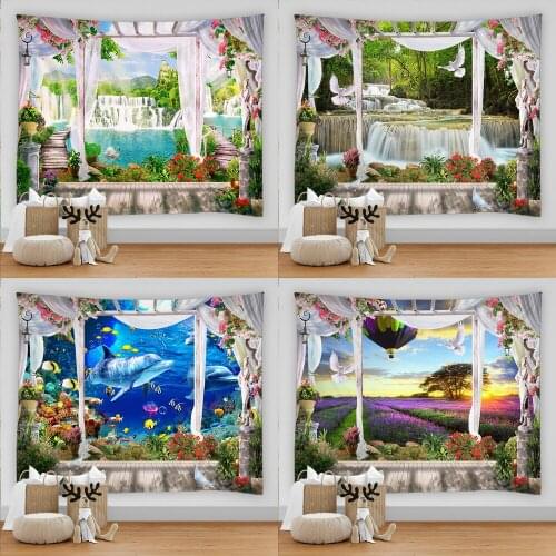 Vintage European Balcony Vacation Wall Hanging Tapestry Nature Landscape Sea Mountain Travel Beach Dorm Boho Decor Wall Blanket