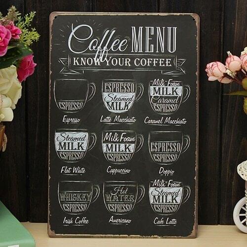 Coffee Bar Menu Vintage Sign Pub Shop Home Wall Decor Retro Metal Art Poster