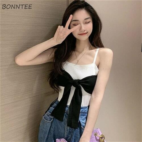 Camis Women All-match Sweet Korean Fashion Clothing Patchwork Bow Slim Comfort Lovely Casual College Female Tops Adorable Summer