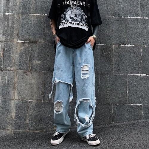 Harajuku Hole Denim Pant Woman 2021 Spring Autumn Hip Hop Loose High Waist Black Straight Punk Tracksuit Streetwear Female B055