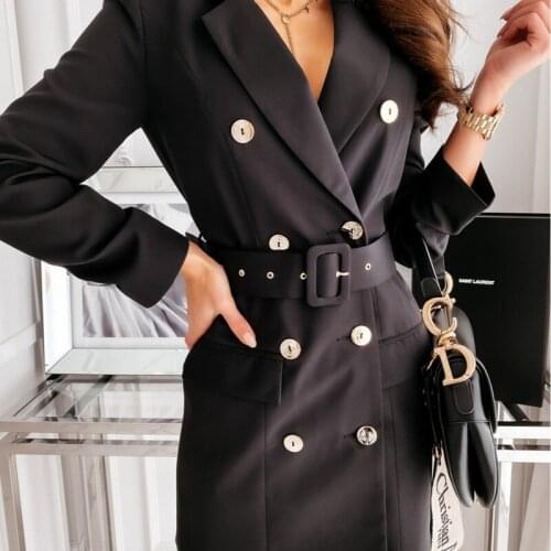 Elegant Solid Color Double-breasted Blazer 2021 New Autumn Womens Long-sleeved Waist Mid-length Blazer for Office Ladies