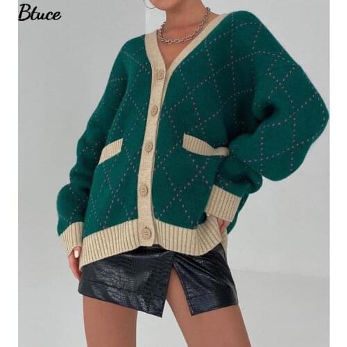 2021 Autumn Winter V Neck Loose Argyle Print Women Cardigans Female Casual Single Breasted Knitted Oversized Y2K Sweater Top