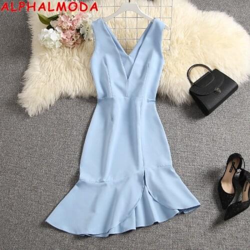 ALPHALMODA 2020 New Deep V-neck Women Irregular Slim Dress Sleeveless Solid Elegant Party Dress
