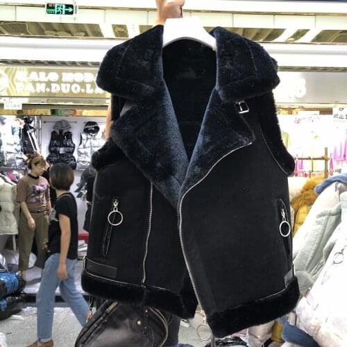 Winter Autumn Women Faux Fur Suede Vest Ladies Fleece Lined Faux Leather Waistcoat Female Motorcycle Biker Sleeveless Jacket