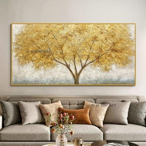 100% Handmade Abstract Oil Painting Large Golden Tree Canvas Wall Art Landscape Modern Decoration Living Room