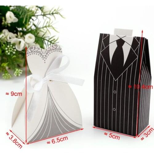 100Pcs Promotion! White / Black Tuxedo Bride & Groom Wedding Favors Candy Boxes Party Gift Boxes