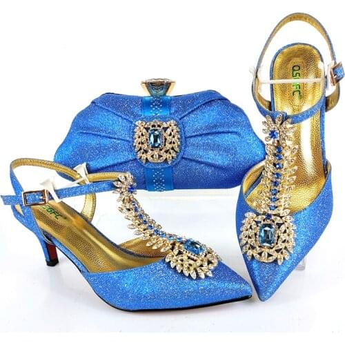 Doershow beautiful Shoes and Bag Set African Sets 2020 teal blue Color Italian Shoe Bag Set Decorated with Rhinestone! SJU1-8
