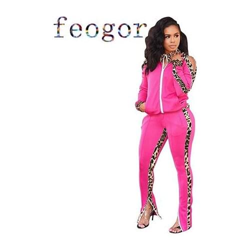 FEOGOR 2021 Autumn Winter Womens Clothing Off-Shoulder Sports Two-Piece Set Fashion Leopard Splicing Suit Zipper Trousers slits