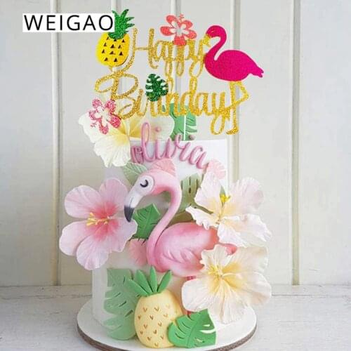 Hawaii Flamingo Pineapple Happy Birthday Cake Topper Kids Baby Shower Birthday Wedding Cake Decoration Tropical Party Supplies
