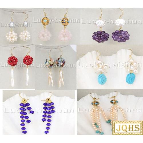JQHS 15mm ball pearls rose quartz Amethysts coral turquoises Opal cat eyes jade Dangle Beaded earrings 14KT hook j11846-2