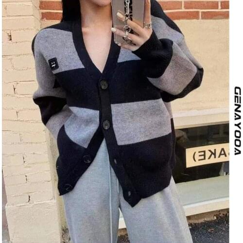 Genayooa Knit Cardigan Women 2021 Autumn Winter Black Striped Long Sleeve Oversized Female Cardigans Korean Style Casual