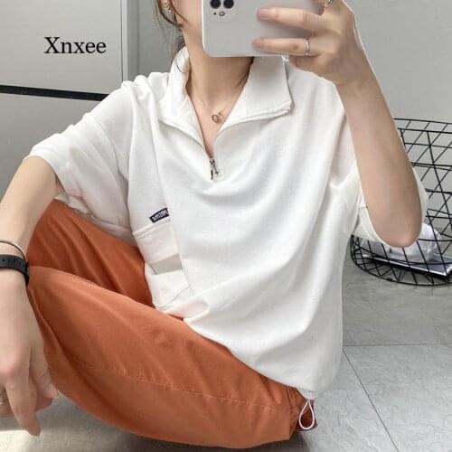 Fashion Women Zipper t Shirt Solid Asymmetrical Pocket Streetwear 2021 Lapel Loose Casual Tee Tops Chic Short Sleeve Camisetas