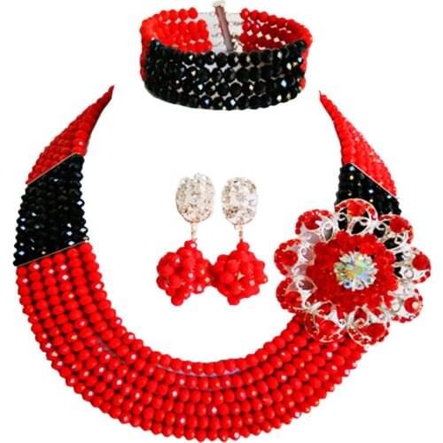 Fashion Opaque Red Black Bead Multi Strands Necklace Nigerian Wedding African Beads Jewelry Set Crystal 6-SS28