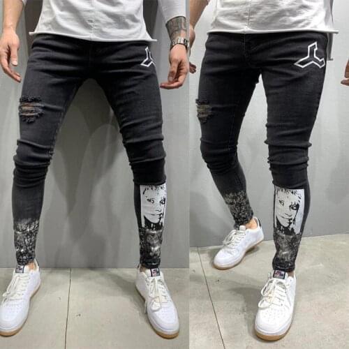 Men Ripped Skinny Printing Jeans Biker Stretch Jeans 2021 Fashion Summer Hip Hop Slim Fit Black High Quality Pencil Pants