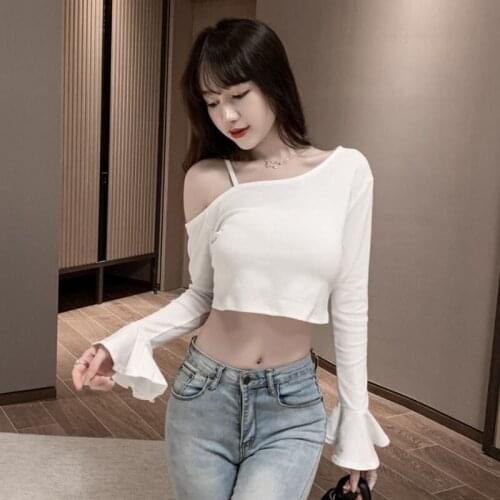 Autumn And Winter T-shirt New Lotus Leaf Cuffed Single Sling Diagonal Collar Long Sleeve Bottomed Shirt Slim Short Versatile