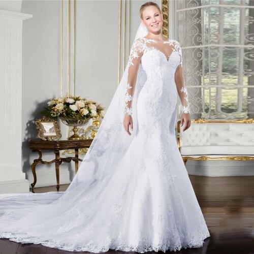 O-neck Long Sleeve Mermaid Wedding Dress 2020 See Through Illusion Back White Bridal Gowns With Lace Appliques Bride Dresses