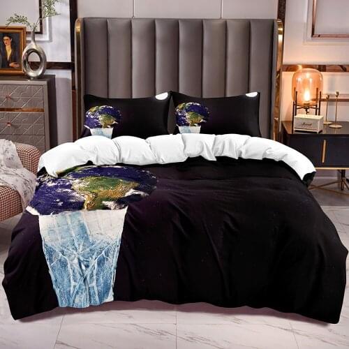 Blue Earth and Moon Pattern Duvet Cover Black Galaxy Universe Comforter Cover with White Reverse Planets Theme