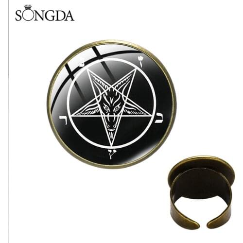 Retro Satanism Red Goat Head Glass Art Round Rings Inverted Pentagram Statement Hand Made Adjustable Unisex Gothic Jewelry