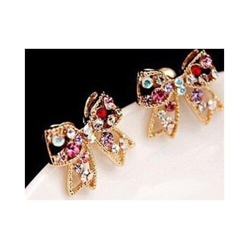1pair New Sweet Bowknot Rhinestone Earrings Colorful Crystal Bowtie Stud Earrings Cute Romantic Jewelry Accessories Women