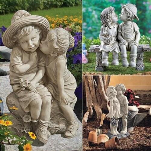 Boy and Girl Status Resin Ornament Retro Craft not Easy to Corrode Cute Innovative Outdoor Garden Yard Patio Decoration