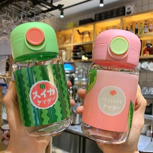 Cartoon Fruit Glass Stylish Sippy Cup with Snap Cover Strap Summer Cold Drink Water Bottle with Watermelon and Strawberry Print