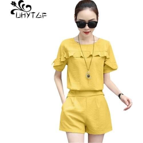 UHYTGF Tracksuit for women summer 2 piece set women Ruffled t-shirt top + shorts two piece set female suit biker shorts sets 217