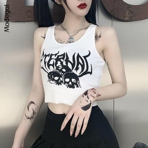 Modegal Womens Punk Scoop Neck Sleeveless Print Tank Top Loose Grunge Steetwear Halloween Crop Top