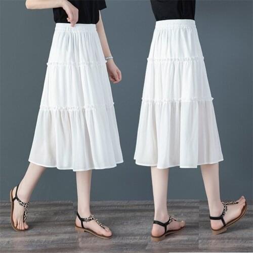 Womens Vintage Elegant Ruffles Pleated Midi Skirt Female Casual Empire Chiffon Solid Skirts Plus Size M-6XL 7XL 8XL 10 Colors