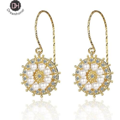 Dreamhonor Elegant 925 Sterling Silver Hollow Round Circle Pearl Drop Earrings For Women Fashion Jewelry