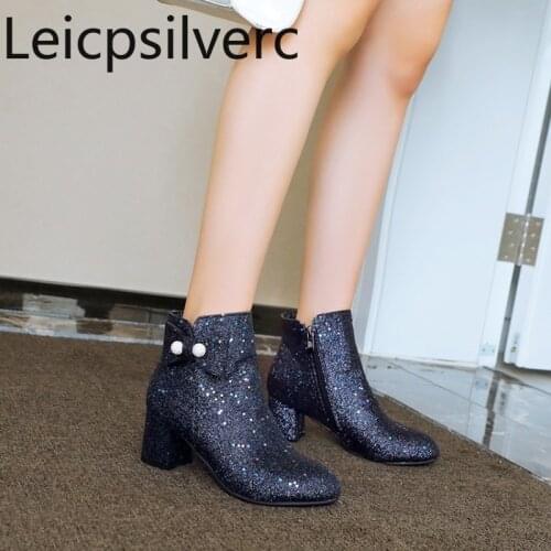 Womens Boots The New winter fashion butterfly Knot zipper mid heel Ankle boots Womens shoes plus size 32-45 Heel Height 6cm