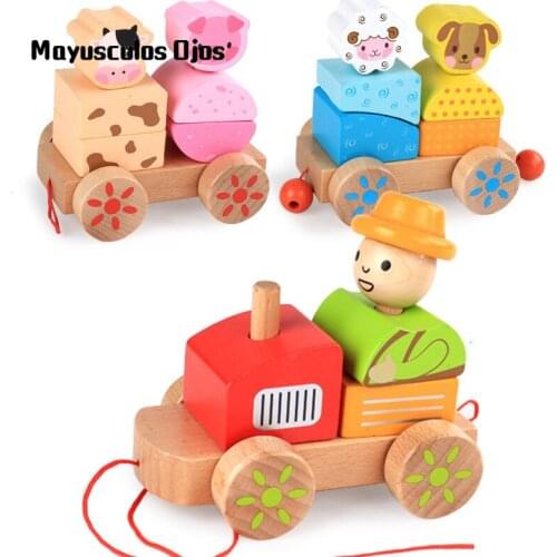1Set Farm Animals Three-section Train Wooden Blocks Pile Up Children Hauling Small Car Toddler Toys