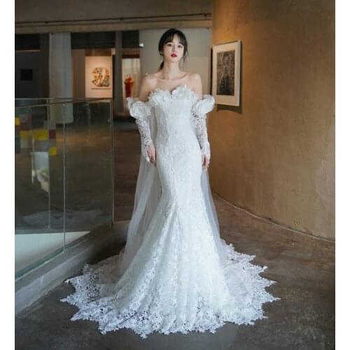 4240 # Vintage Big Flower Mermaid Long Sleeve Off Shoulder Sweetheart Lace Sexy Backless Bohemian Bride Dress Wedding Gown