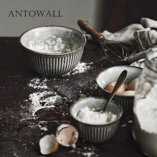 ANTOWALL Nordic relief lines ceramic tableware bowl home net red rice soup noodle bowl home retro kiln sauce bowl with handle