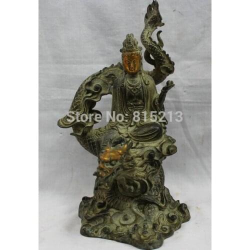Bi00980 10" China Chinese Bronze Kwan-yin Guan Yin Bodhisattva Ride Dragon Statue Figure